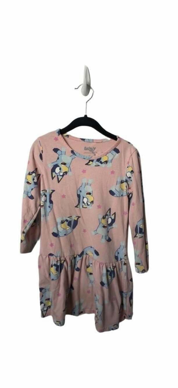 Bluey Toddler Girl Pink Print Drop Waist Dress with Long Sleeves Size 4T_K32